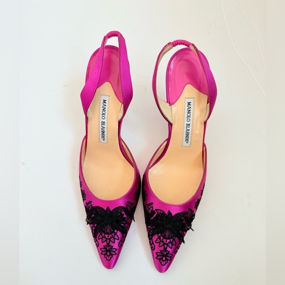 Manolo Blahnik pink Black Floral Appilique embroidered Carolyne 90mm pumps EU 38 - Picture 2 of 8